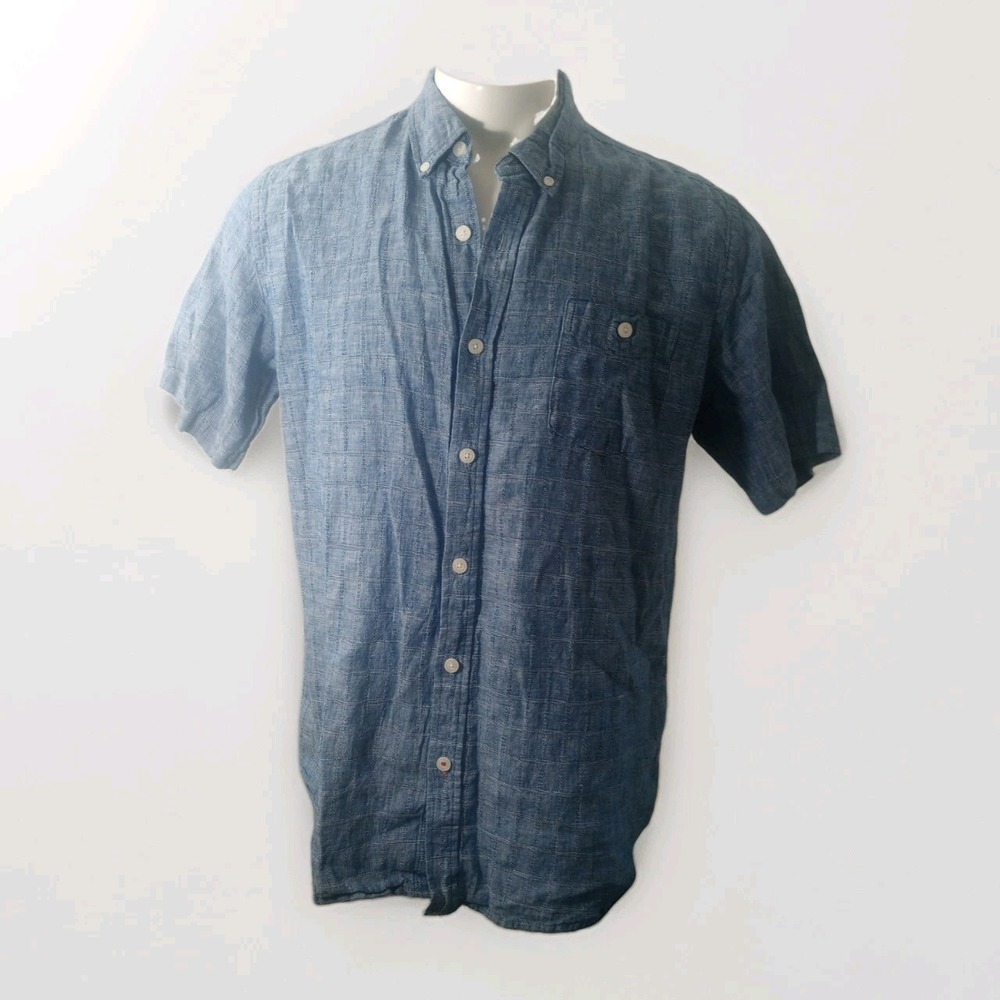 Weatherproof Vintage Mens Linen Short Sleeve Shirt Blue Woven Grid L Luxury